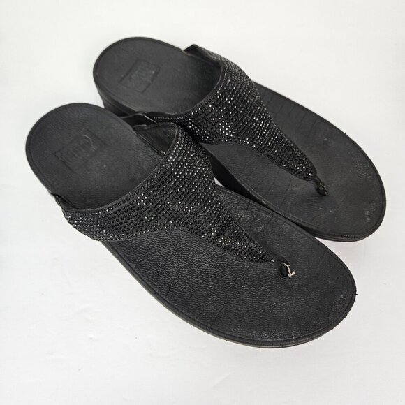 FitFlop LULU Crystal Toe-Post Platform Thong Comfort Sandal All Black 8 EJ8-090 - Picture 2 of 14